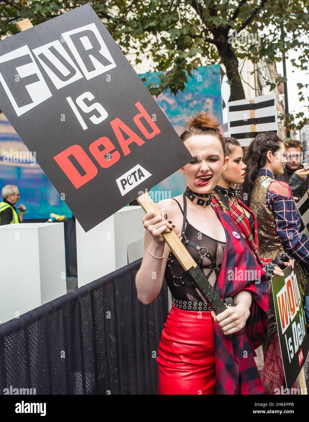 As London celebrates 40 years of punk, PETA activists showed up at the opening of London Fashion Week urging designers to get behind the next style revolution â€“ fashion that doesnâ€™t harm animals. Stock Photo