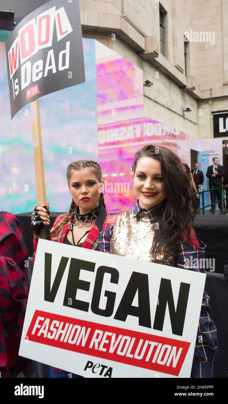 As London celebrates 40 years of punk, PETA activists showed up at the opening of London Fashion Week urging designers to get behind the next style revolution â€“ fashion that doesnâ€™t harm animals. Stock Photo