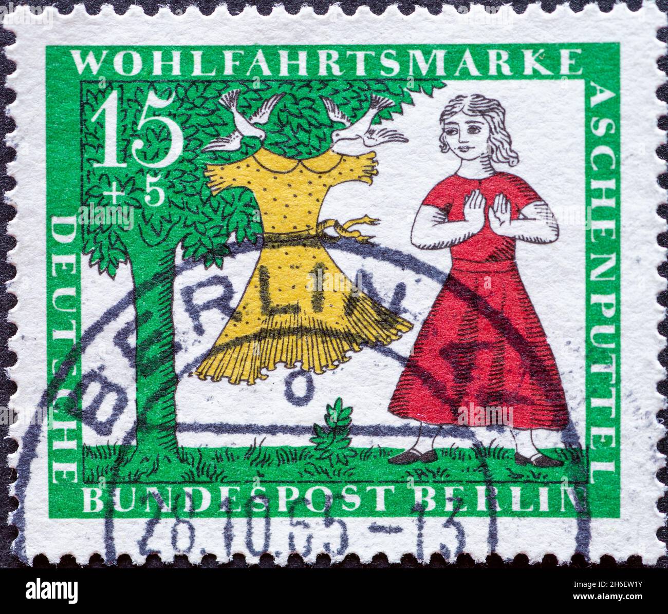 GERMANY, Berlin - CIRCA 1965: a postage stamp from Germany, Berlin showing a picture from the fairy tale of the Brothers Grimm: Cinderella. A new dres Stock Photo