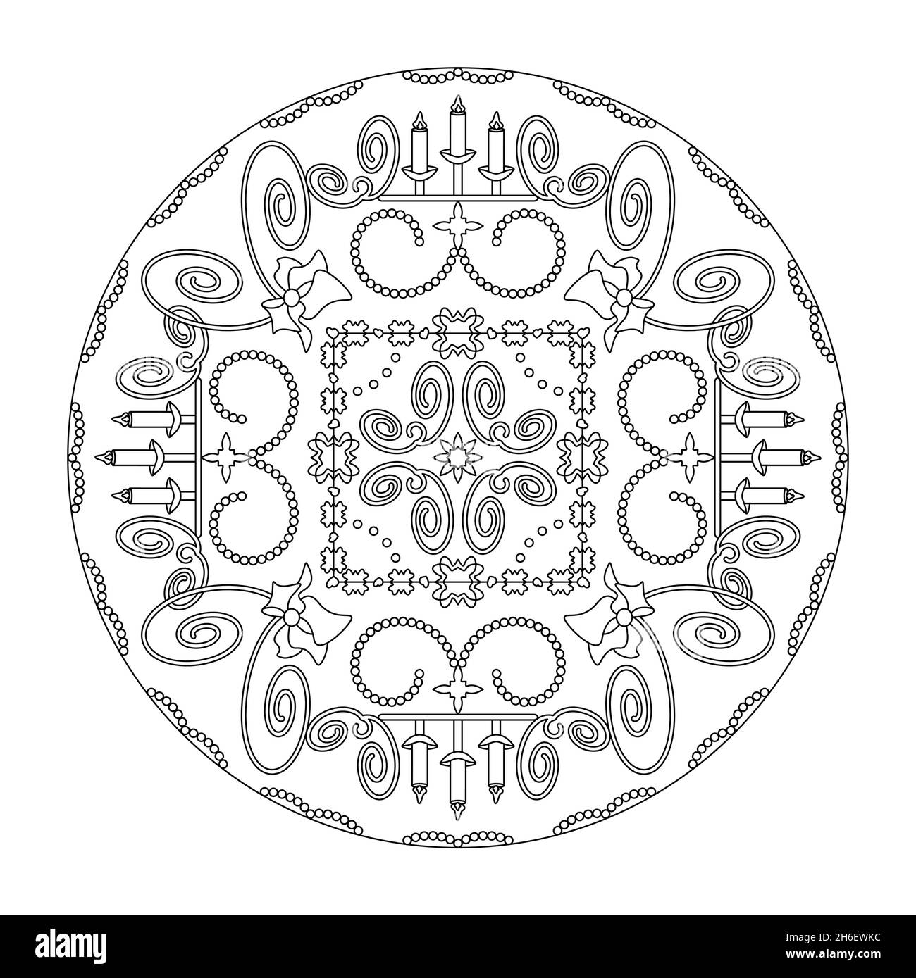 Christmas coloring page. Mandala with candle holders and spirals. Art Therapy. Black and white. Vector illustration Stock Vector