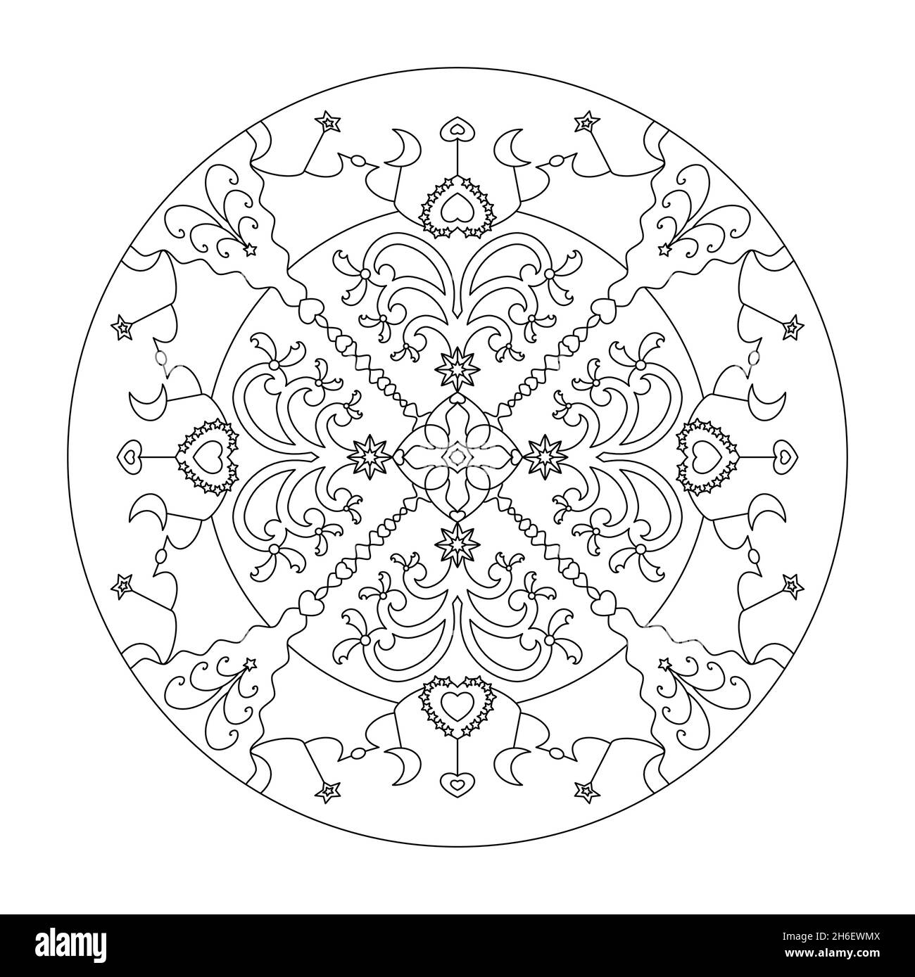 Christmas mandala. Christmas coloring page. Fancy christmas tree and little hearts. Vector illustration. Stock Vector