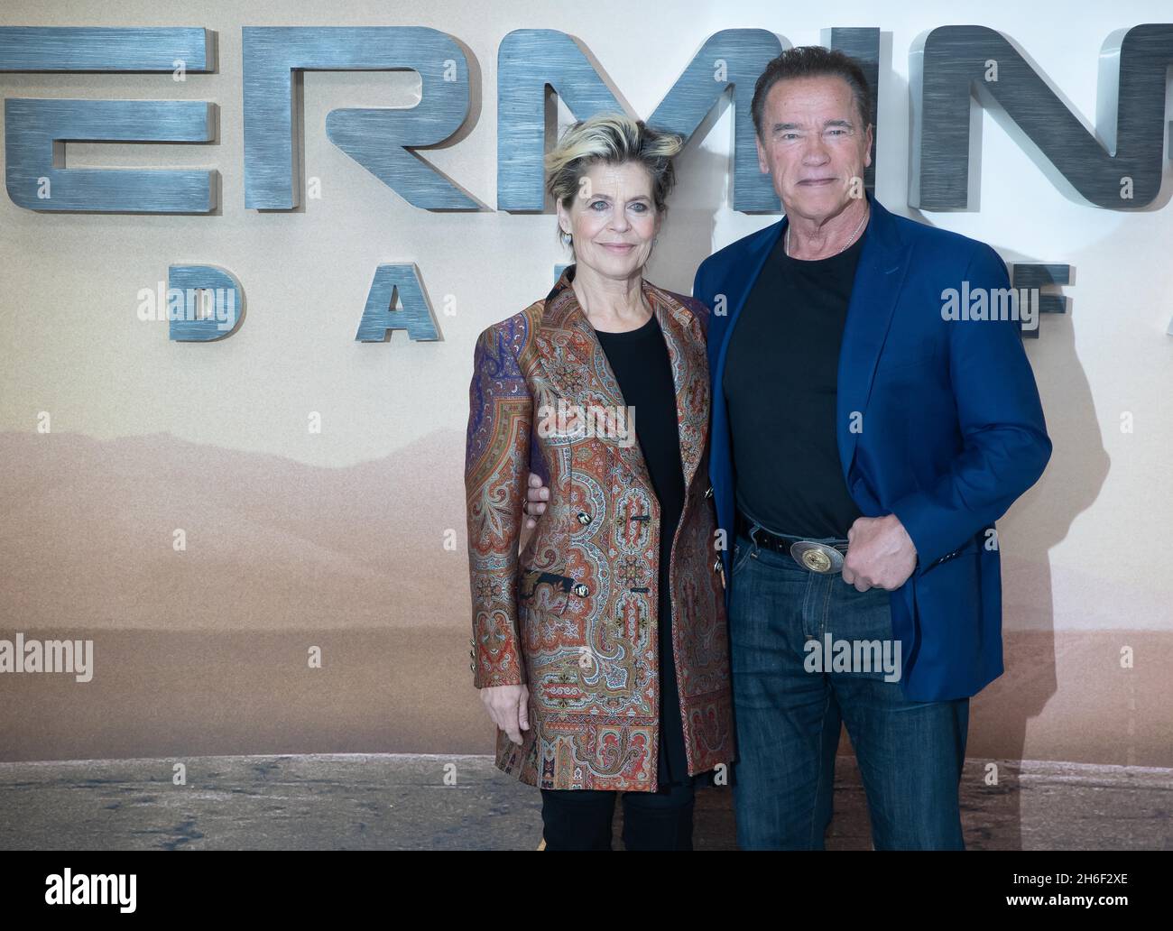 Linda Hamilton and Arnold Schwarzenegger arriving for the Terminator: Dark Fate photocall held at the Mandarin Oriental Hotel, London.  Stock Photo