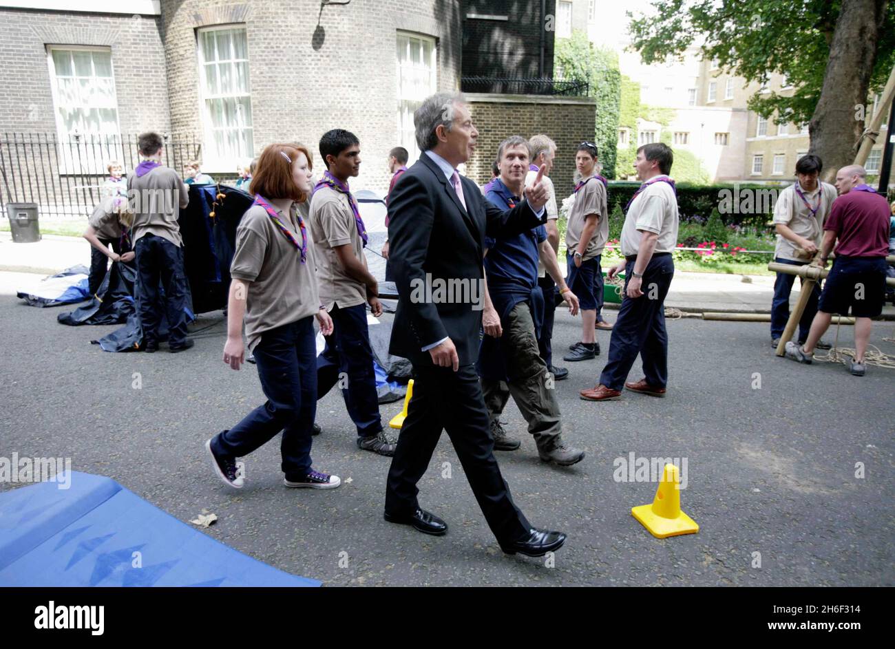 Scouts from around the country, including Chief Scout Peter Duncan, joined PM Tony Blair in Downing Street this afternoon to celebrate their centenary. Stock Photo