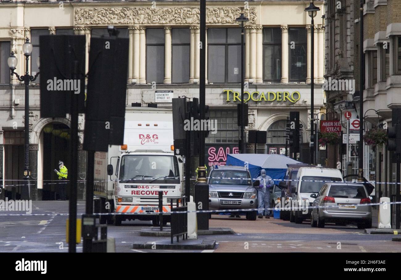 Police have disabled a car bomb containing gas cylinders in the heart of central London. Officers carried out a controlled explosion after reports of a suspicious vehicle parked in Haymarket shortly before 2am this morning. Stock Photo