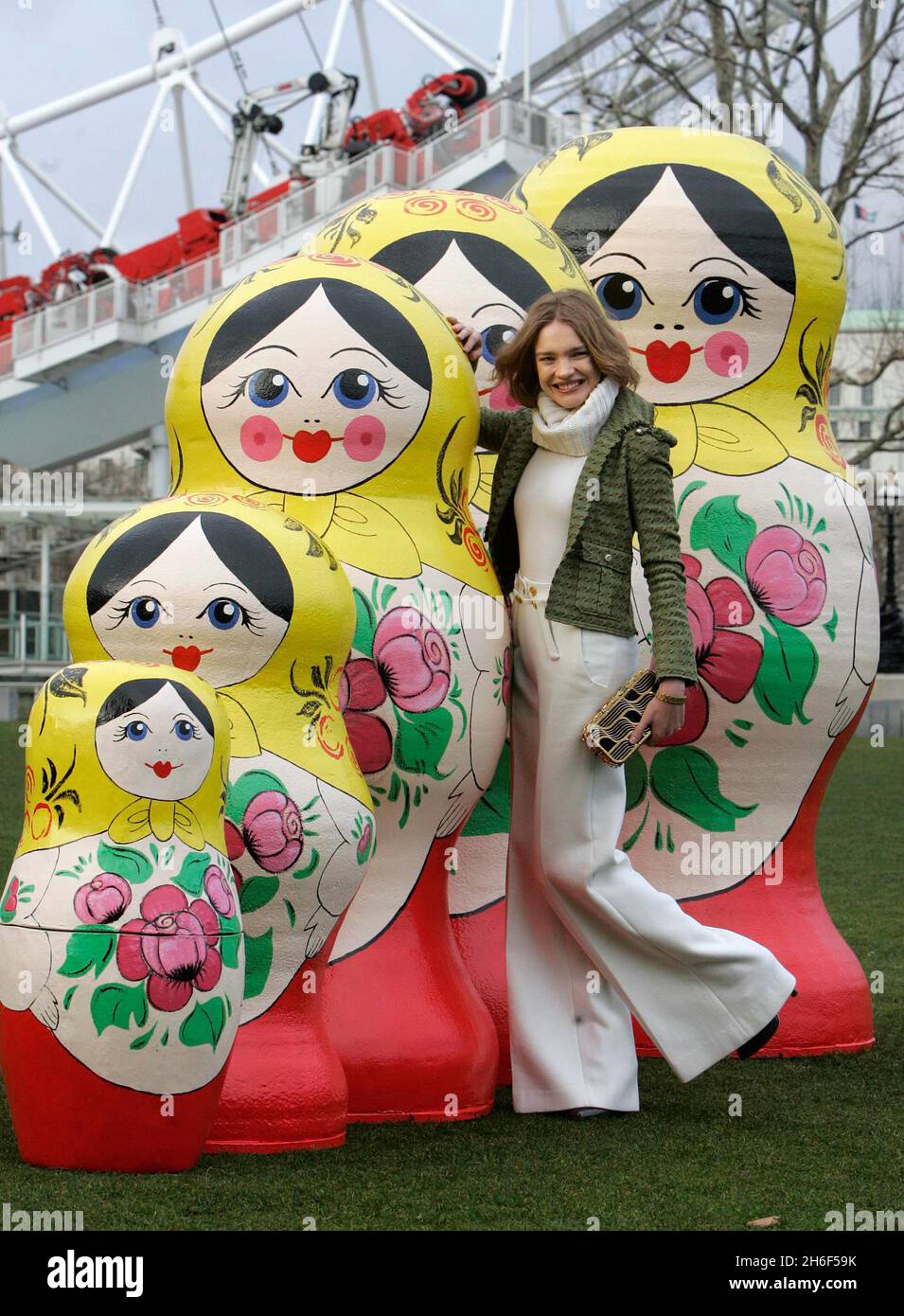 Five large-scale Russian nesting dolls, known as Matryoshka, are unveiled  by London-based Russian supermodel Natalia Vodianova beside the British  Airways London Eye, London. The fourth annual Russian Winter Festival, a  celebration of