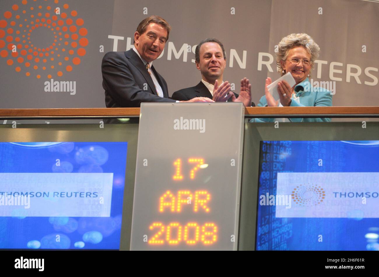 Deputy Chairman of Thomson Reuters, Niall FitzGerald (L), Chief Executive Officer Devin Wenig of Markets Division Thomson Reuters and Chief Executive Officer of the London Stock Exchange Clara Furse, as shares in the newly merged Thomson Reuters information company debuted on the London Stock Exchange this morning. The combined Thomson-Reuters Corp will compete directly with Bloomberg in financial news and information, with each commanding about a third of the market. Thomson Reuters has more than 50,000 employees with operations in 93 countries. Stock Photo
