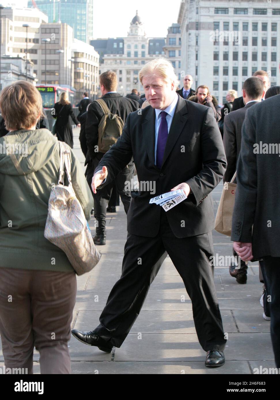 Conservative mayoral candidate Boris Johnson was spotted out canvassing commuters at London Bridge early this morning in a last minute attempt to win votes for the Mayor of London elections today. *** Local Caption *** Stock Photo