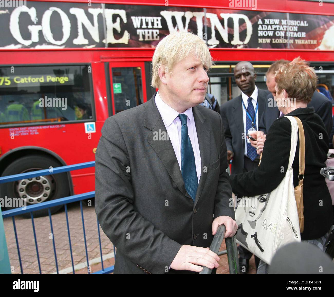 London Mayor Boris Johnson launches 'Safety on the Buses' alongside Peter Hendy and Sir Ian Blair in West Croydon, London. Stock Photo