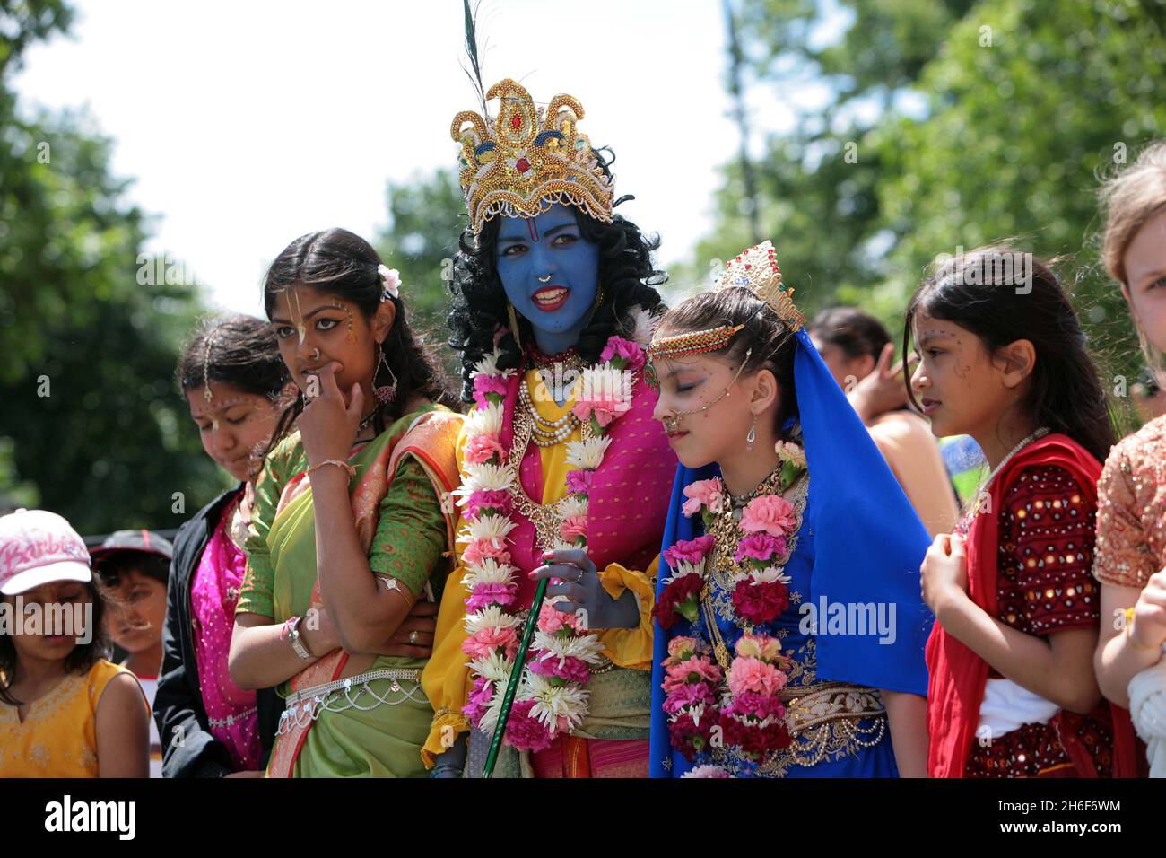 Scenes from the 40th London Festival of Chariots. The festival, otherwise known as Ratha Yatra, celebrating Hare Krishna, which took place in central London. The 5000-year-old festival was brought from India in 1967 by the founder of the Hare Krishna movement and is celebrated every summer in over 200 cities around the world - this year in London for the 40th time. Stock Photo