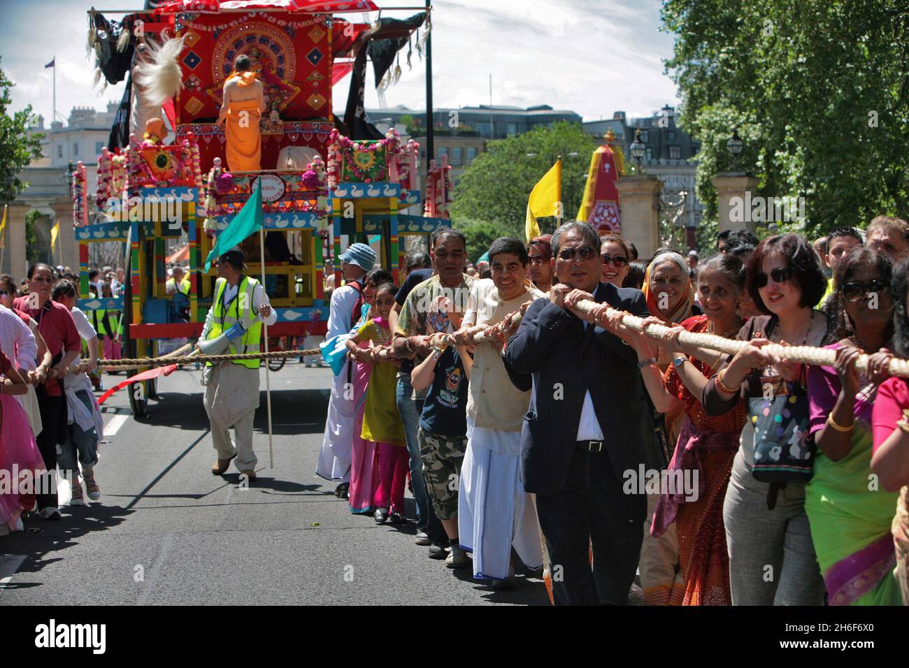 Scenes from the 40th London Festival of Chariots. The festival, otherwise known as Ratha Yatra, celebrating Hare Krishna, which took place in central London. The 5000-year-old festival was brought from India in 1967 by the founder of the Hare Krishna movement and is celebrated every summer in over 200 cities around the world - this year in London for the 40th time. Stock Photo