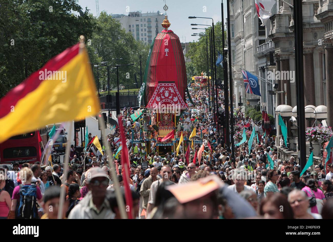 Scenes from the 40th London Festival of Chariots. The festival, otherwise known as Ratha Yatra, celebrating Hare Krishna, which took place in central London. The 5000-year-old festival was brought from India in 1967 by the founder of the Hare Krishna movement and is celebrated every summer in over 200 cities around the world - this year in London for the 40th time. Stock Photo