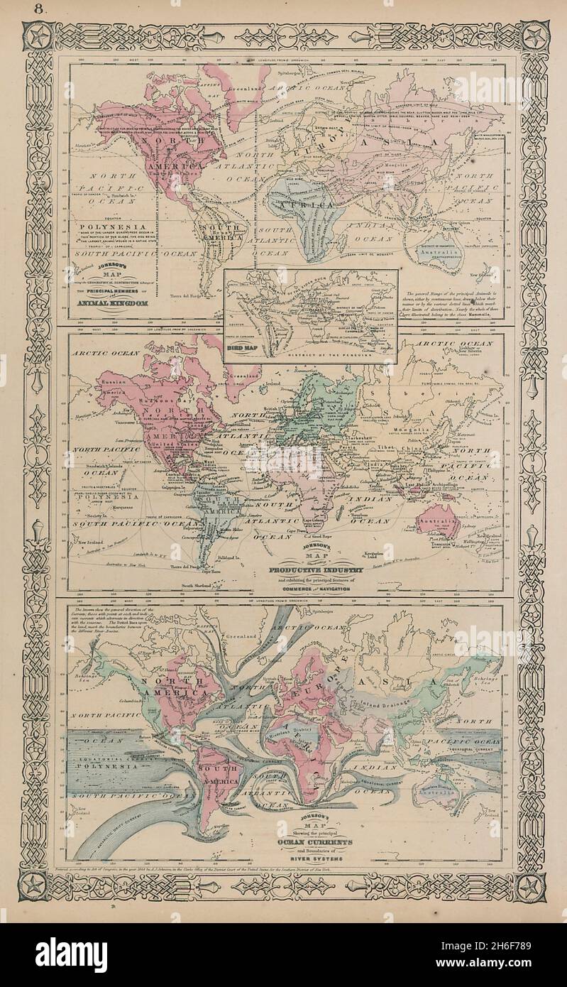 World. Animals Birds Industries Ocean Currents Watersheds. JOHNSON 1865 map Stock Photo