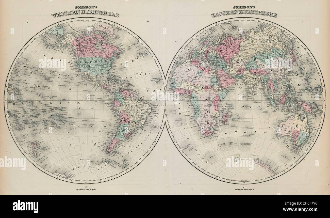 Johnson’s Western & Eastern Hemispheres. World 1865 old antique map