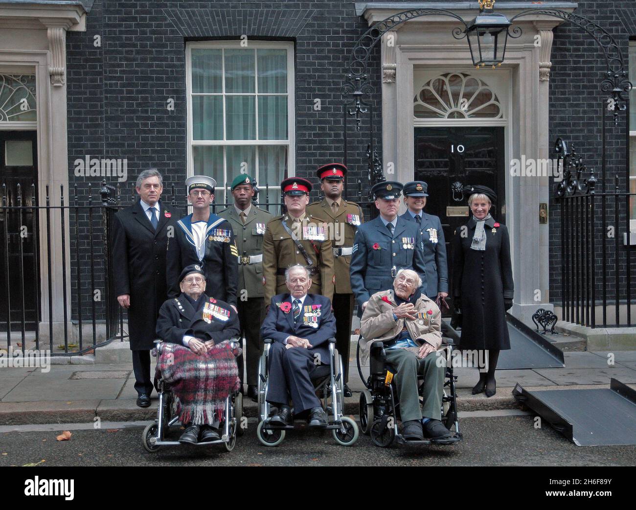 The three last surviving British World War I veterans, L-R Bill Stone, Harry Patch and Henry Allingham joined Gordon Brown in Downing Street, after attending a ceremony at the Cenotaph to mark the end of the War ninety years ago.  Stock Photo
