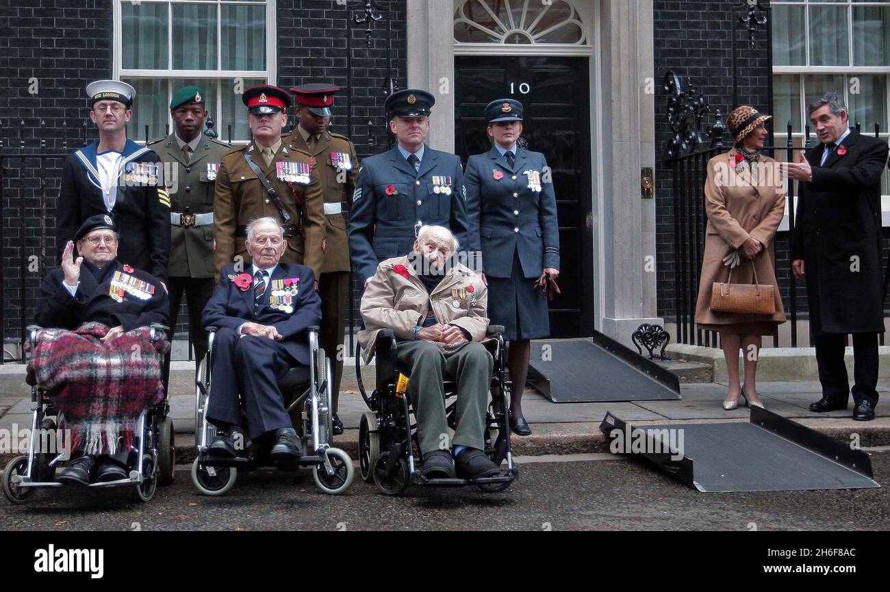 The three last surviving British World War I veterans, L-R Bill Stone, Harry Patch and Henry Allingham joined Gordon Brown in Downing Street, after attending a ceremony at the Cenotaph to mark the end of the War ninety years ago.  Stock Photo
