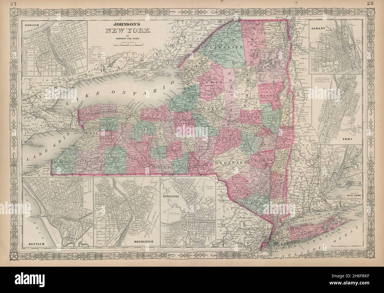 Johnson's New York state map. Albany Troy Rochester Buffalo Syracuse 1865 Stock Photo