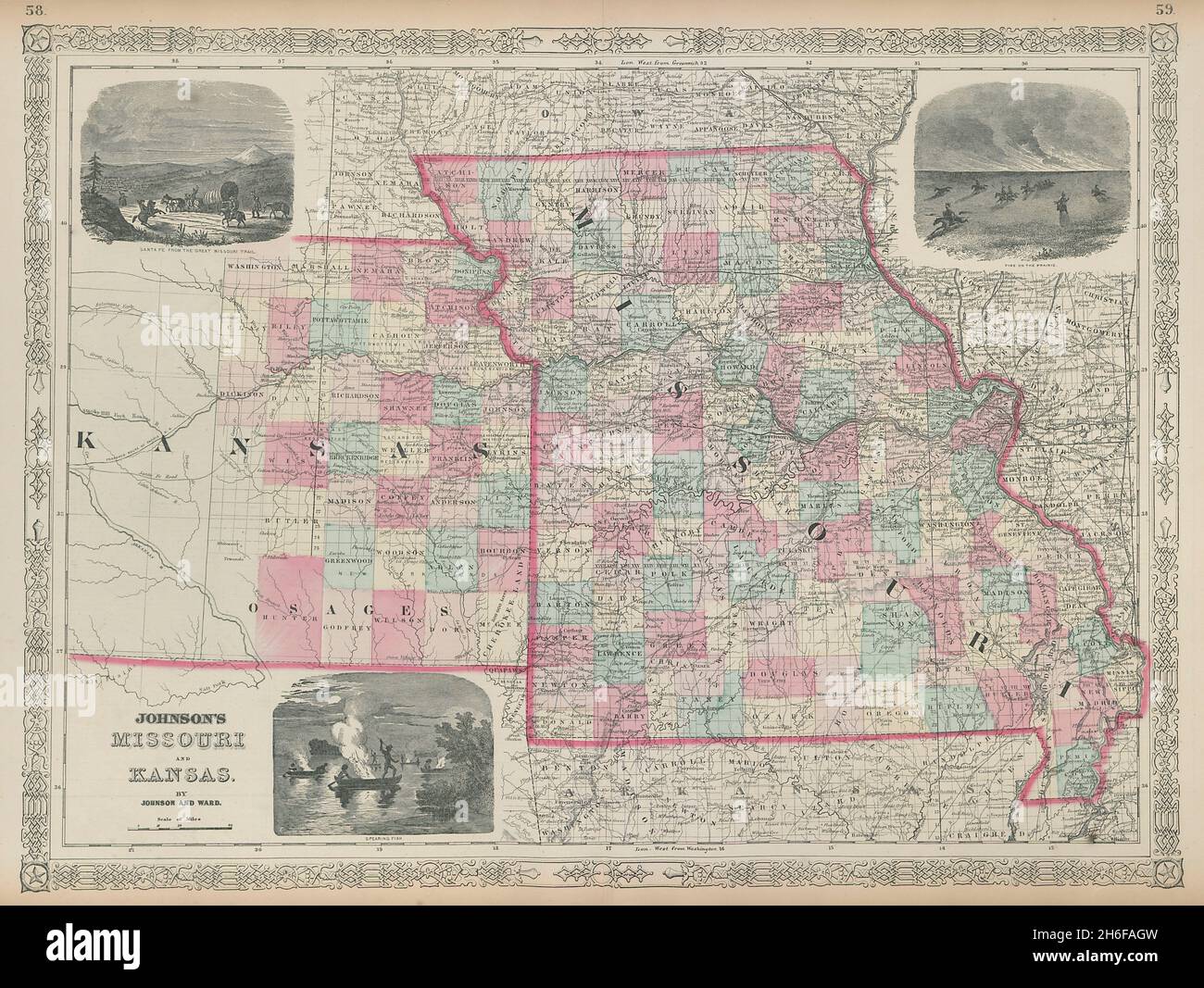 Johnson's Missouri & Kansas. US state map showing counties 1865 old Stock Photo