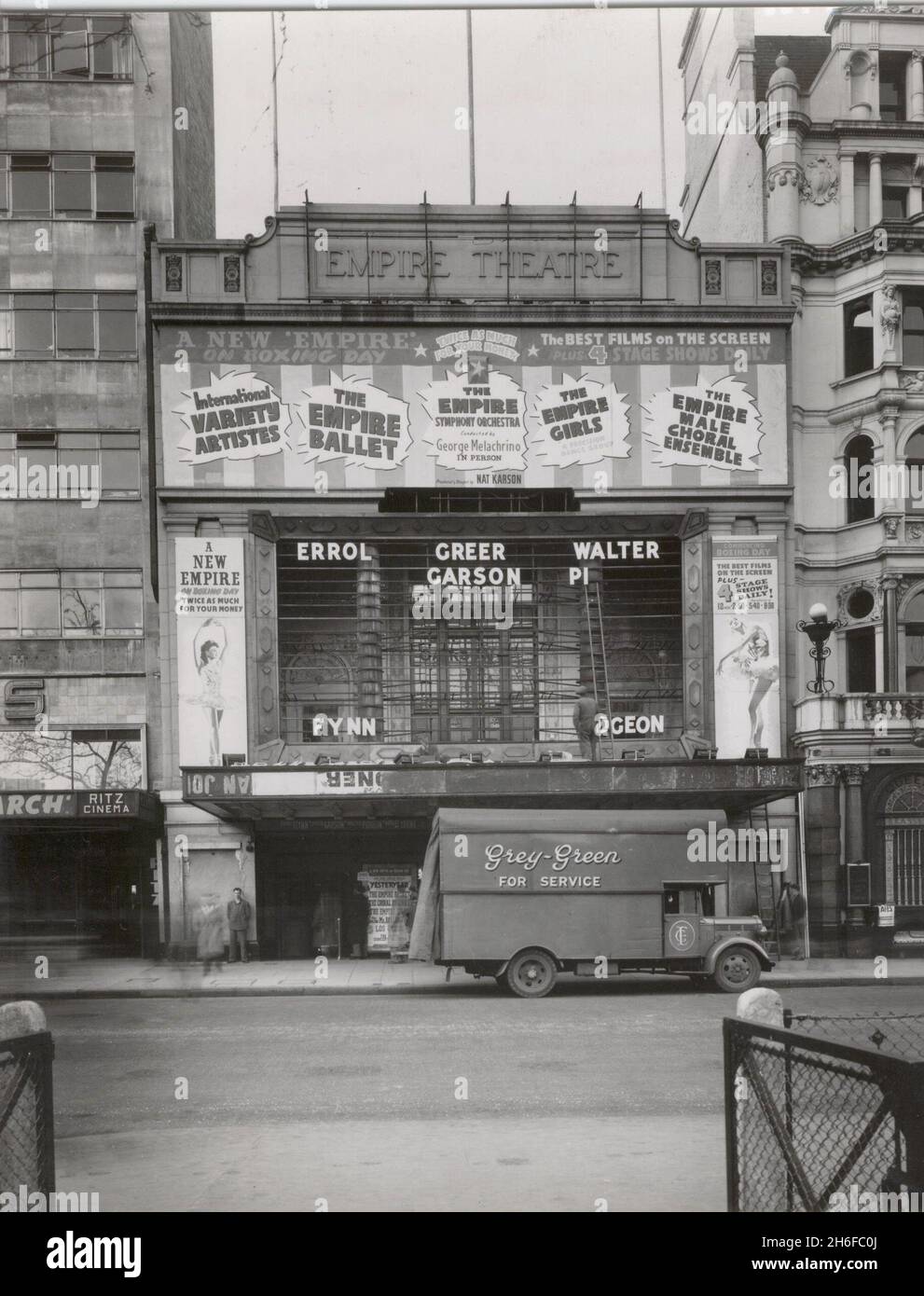 Pictures of London taken more than 50 years ago which had not been seen for 15 years after they were rescued from a skip in Westminster after having been thrown away by the local council. Picture shows: The Empire theatre in Leicester Square taken19th December 1949 Stock Photo