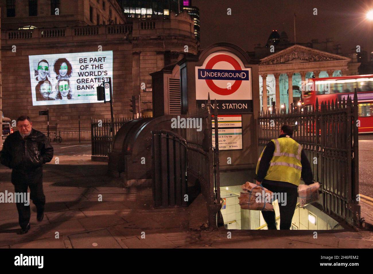 Projection, City of London - Robin Hood Tax Campaign A advert was projected onto the Bank of England in the early hours of this morning to launch the Robin Hood Tax campaign - calling for a tiny 0.05% tax on bankersÃ• transactions, raising money to protect UK frontline services, help the worldÃ•s poorest people and fight climate change. Launched by coalition of NGOs, charities, trade unions, churches, and the team behind Make Poverty History. Stock Photo