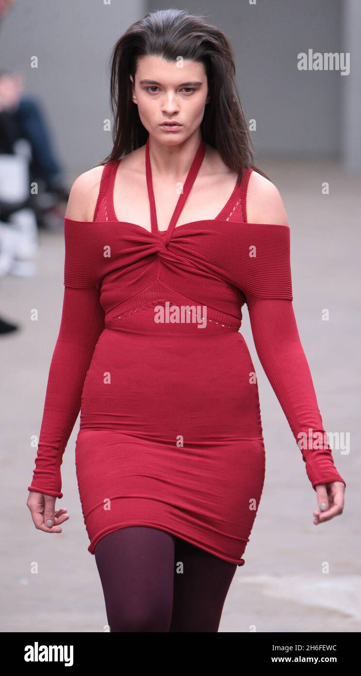 Model Crystal Renn on the catwalk during the Autumn/Winter 2010 Mark Fast show, at the Topshop Venue in Covent Garden, central London. Stock Photo