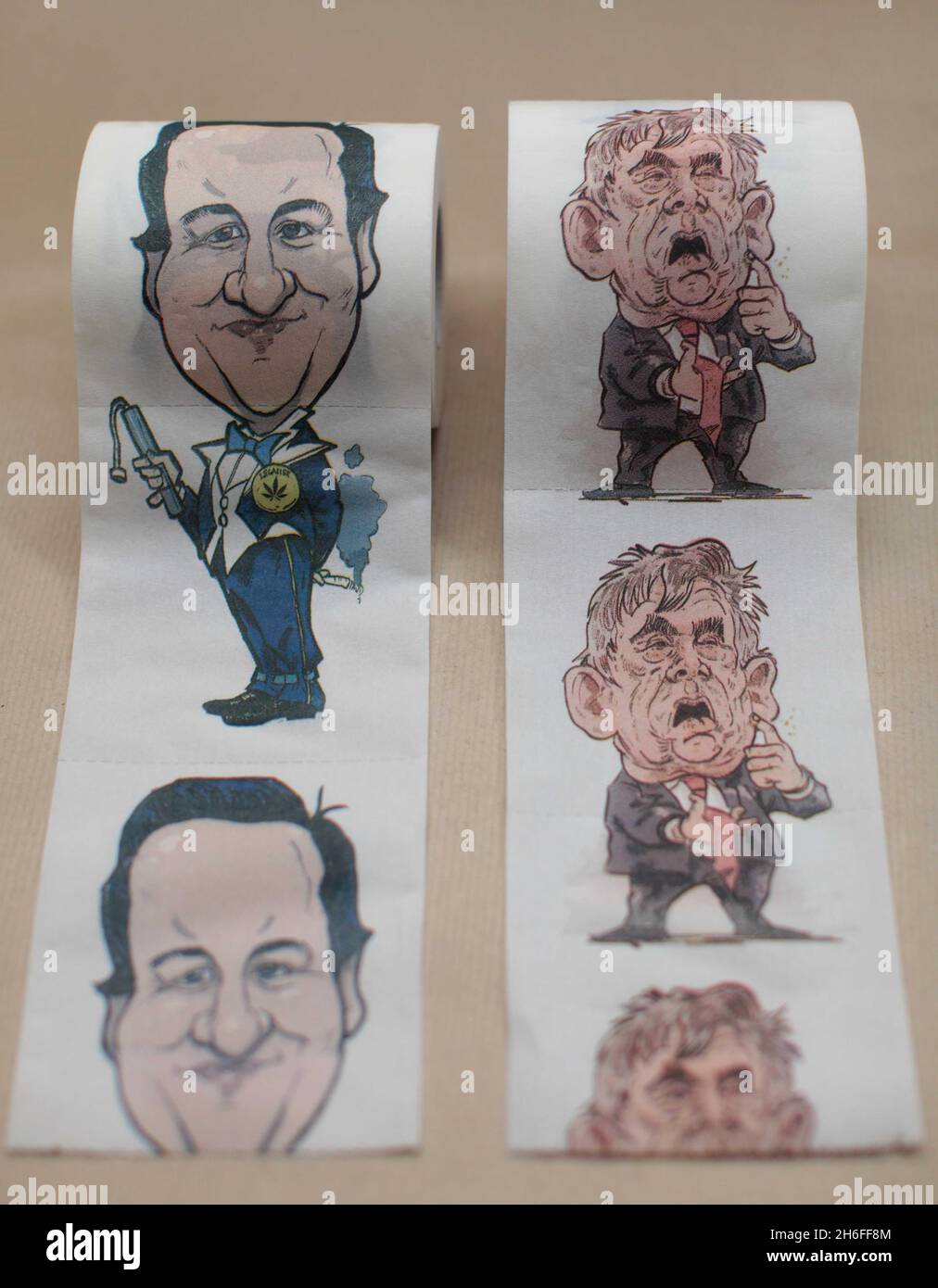 Whatever your political view you can now wipe away the opposition using a roll of political toilet paper. Loo roll depicting the two main party leaders is widely available for sale on the internet in the run up to this year's election. Voters have a choice of either Labour's Gordon Brown or the Conversative's David Cameron to flush down their toilet! Stock Photo