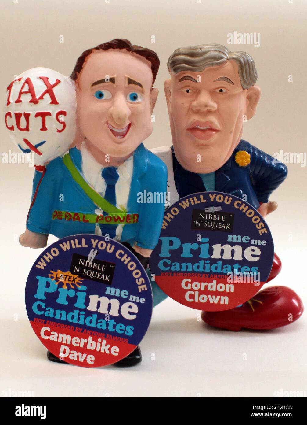 Pets At Home are now stocking political dog toys in the run up to the next election. The squeaky latex toys are based on Conservative Leader David Cameron and PM Gordon Brown, allowing the electorate to decide their dogs political party. Stock Photo