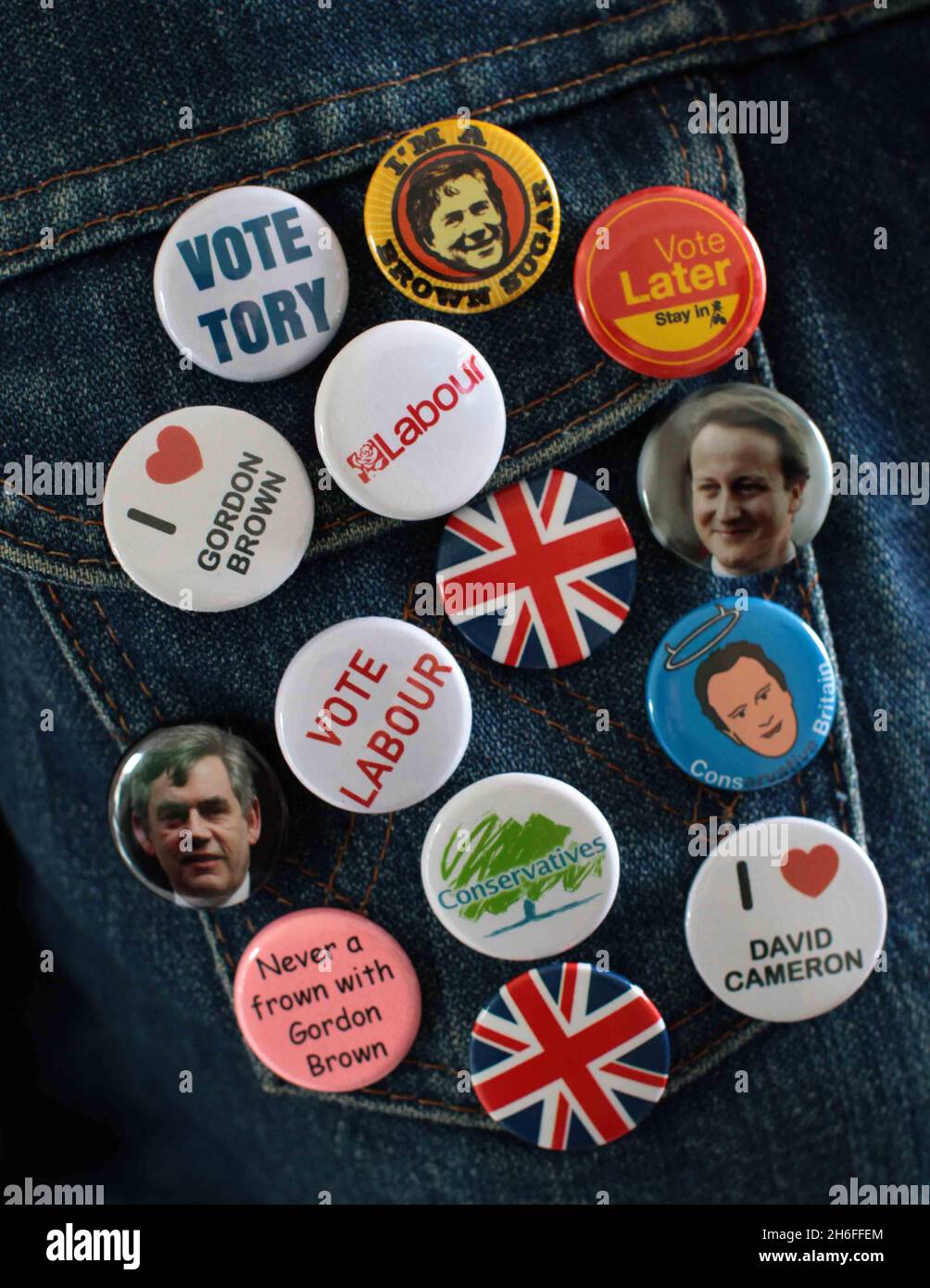 Various political pin badges available for the electorate to buy on the day PM Gordon Brown announces the next general election. Stock Photo
