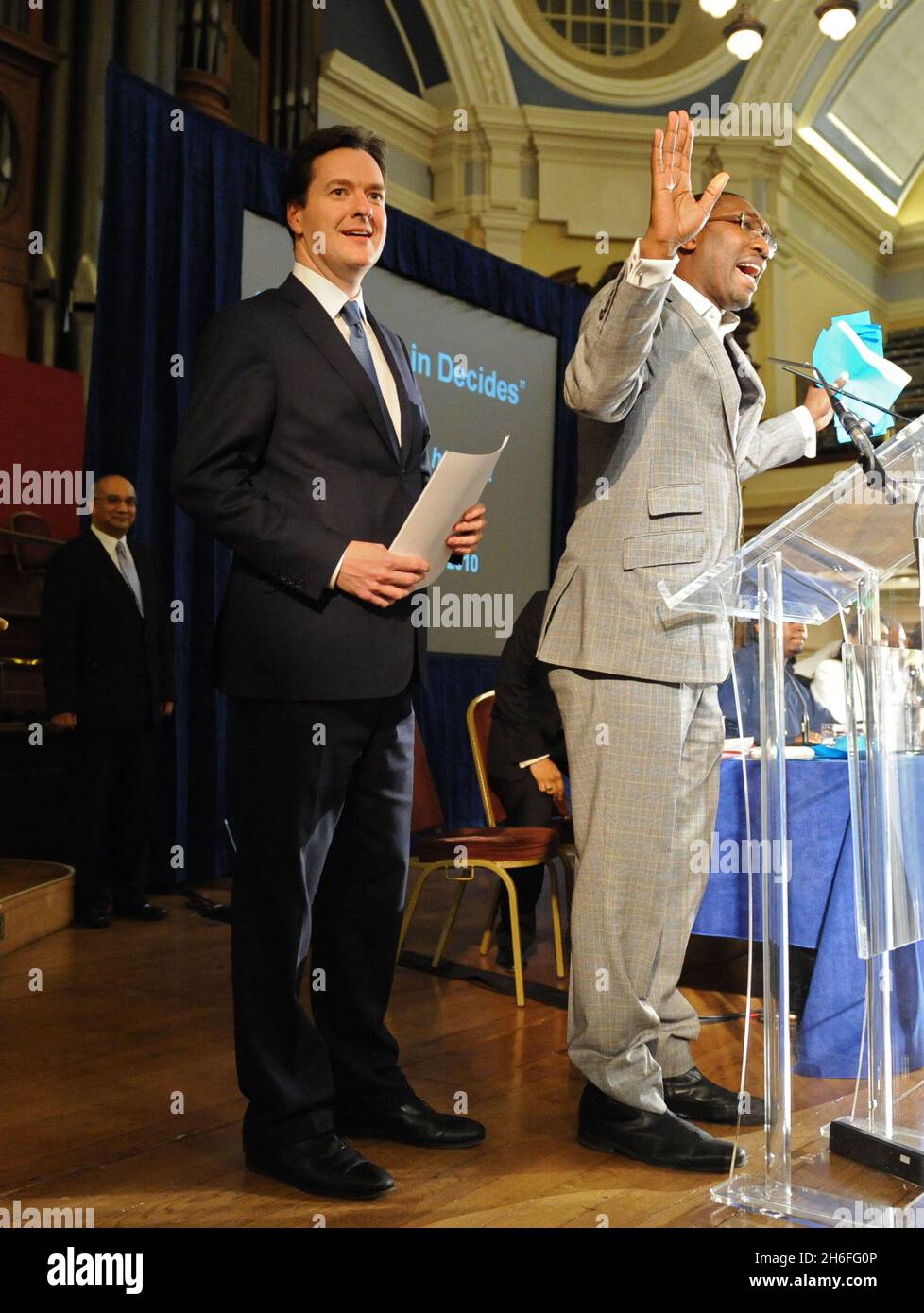 The conservative shadow Chancellor George Osborne with Actor Kwame Kwei-Armah during Operation Black Vote (OBV), at the Methodist Central Hall in Westminster, London Stock Photo
