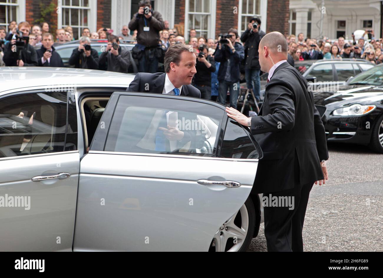 Conservative Leader David Cameron arrives at the St Stephen's Club in London to speak to waiting media. Stock Photo