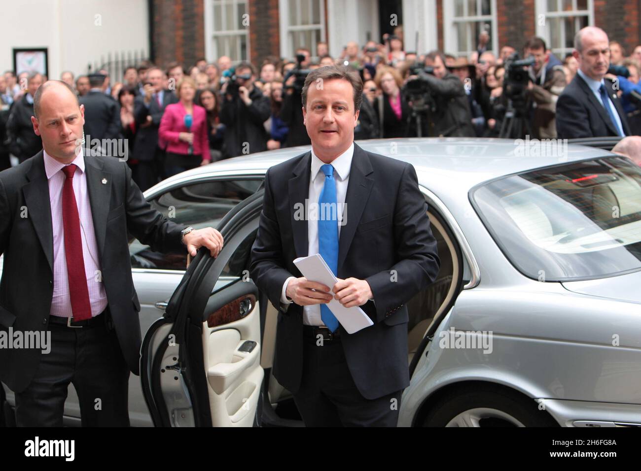 Conservative Leader David Cameron arrives at St Stephen's Club in London to speak to waiting media. Stock Photo