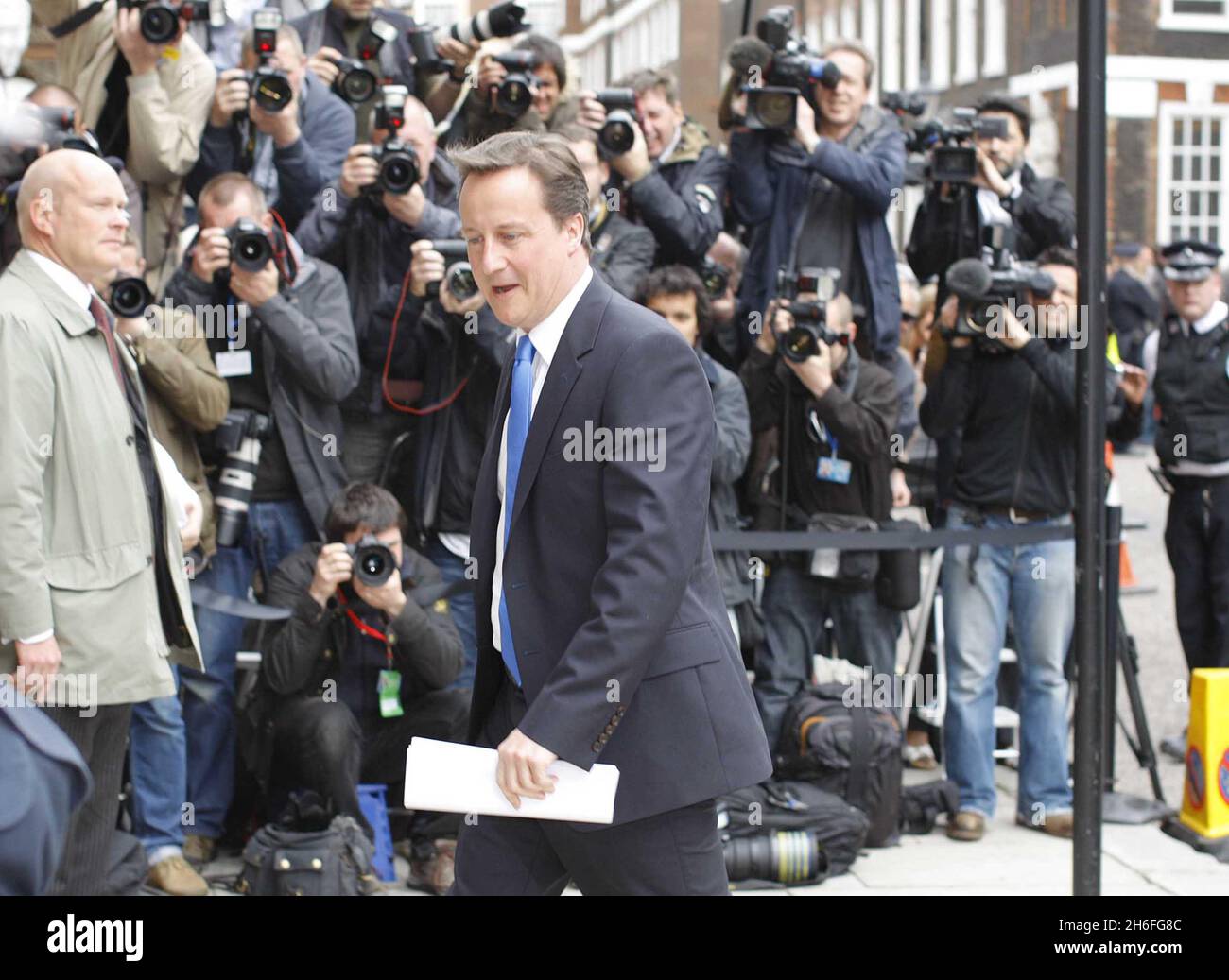 Conservative Leader David Cameron arrives at St Stephen's Club in London to speak to waiting media. Stock Photo