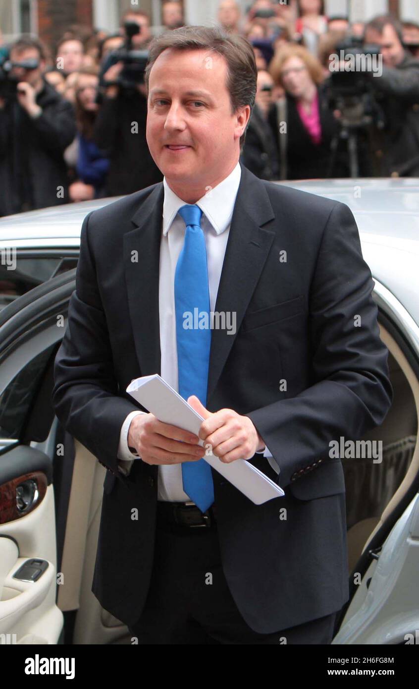 Conservative Leader David Cameron arrives at St Stephen's Club in London to speak to waiting media. Stock Photo