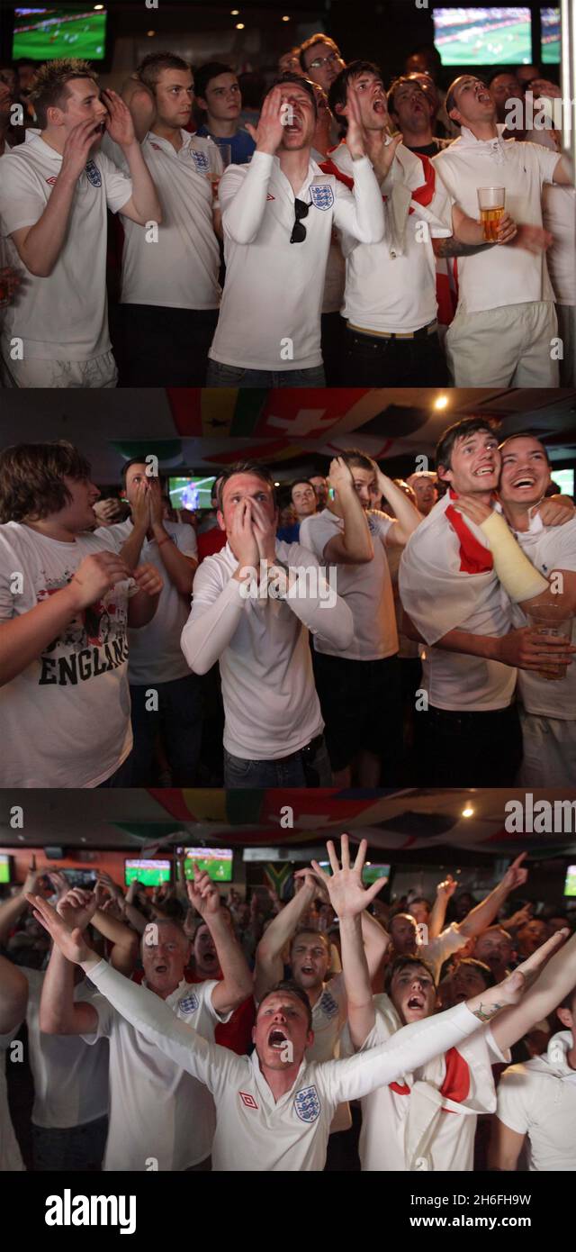 Jeff Moore 23/06/10 Composite image England football fans celebrate England's first goal at The Sports Cafe in London's Haymarket this afternoon Stock Photo