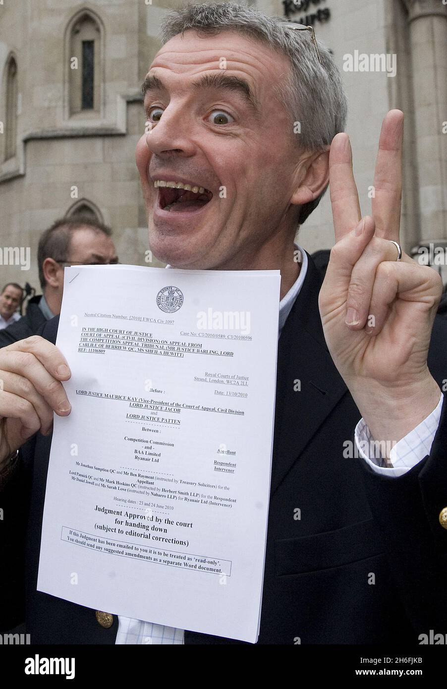 Ryan Air Boss Michael O'Leary pictured outside the High Court in London today after the court of appeal ruled that the BAA monopoly can now be broken up. The decision to dismiss the BAA monopoly's appeal against the Competition Commission's decision means that the sale of Glasgow and Stansted airports can now proceed, which will promote competition and a better deal for airport users and passengers. Stock Photo