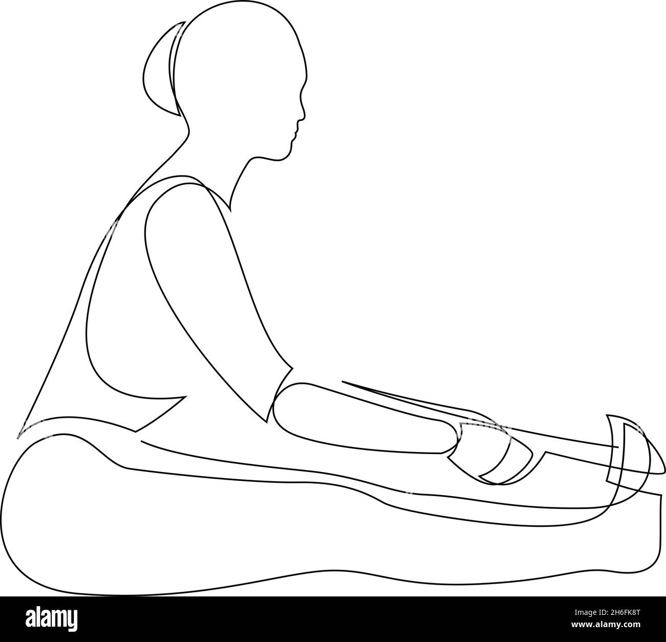 Continuous line of woman doing yoga in Seated forward pose with a strap. Stretching body concept. Paschimotanasana vector illustration. Stock Vector