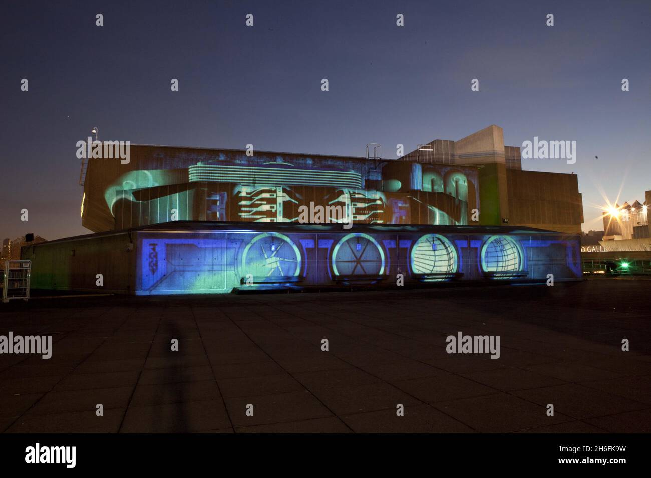 A light show is tested on the exterior of the Queen Elizabeth Hall, Southbank, this morning for