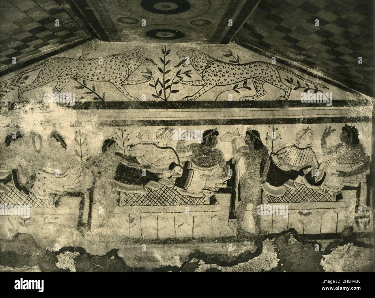 Fresco at the Etruscan Tomb of the Leopards, Tarquinia, Italy 1930s