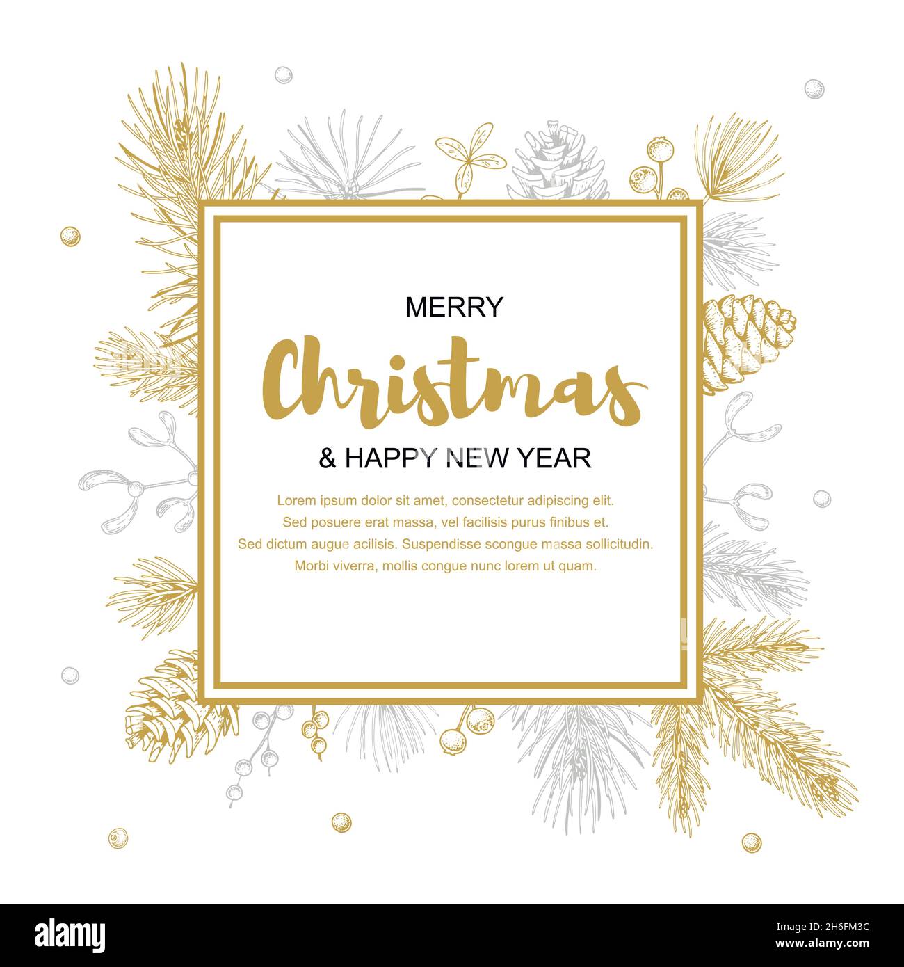 Merry Christmas and happy New Year greeting card with floral elements ...