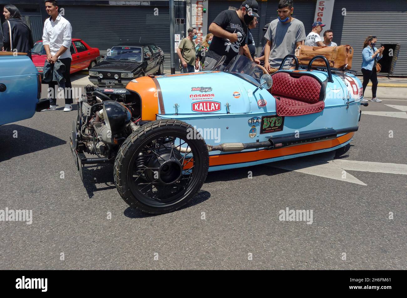 BUENOS AIRES, ARGENTINA - Nov 08, 2021: old sporty light blue Morgan three wheeler British motorcycle. Racing. 1930s. Side view. Expo Warnes 2021 clas Stock Photo