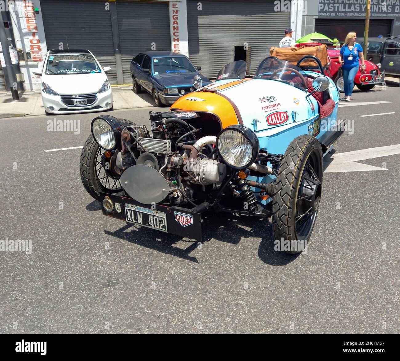BUENOS AIRES, ARGENTINA - Nov 08, 2021: old sporty light blue Morgan three wheeler British motorcycle 1930s. Racing. Front view. Expo Warnes 2021 clas Stock Photo