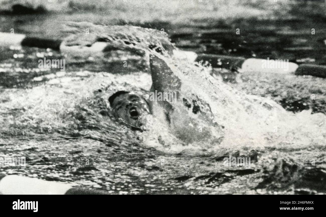 American swimmer athlete Mike Burton setting a new world record for the 1500-meter freestyle event in the US Olympic Team finals, Long Beach USA 1968 Stock Photo