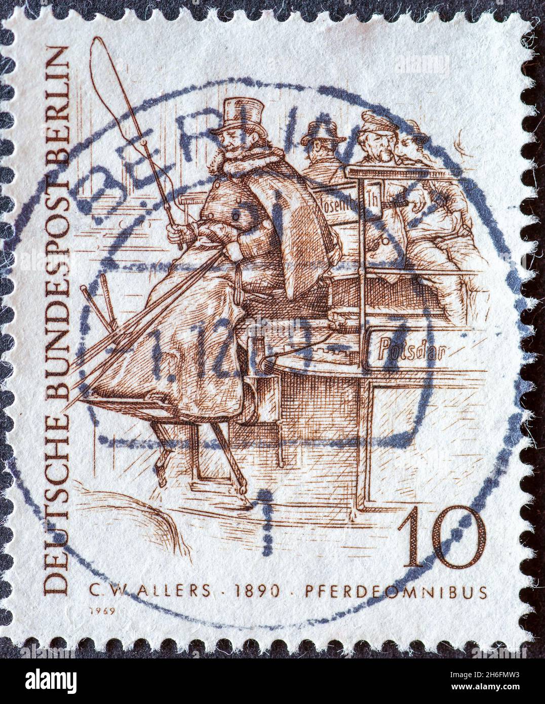 GERMANY, Berlin - CIRCA 1969: a postage stamp from Germany, Berlin showing 19th century Berliners. W. Allers horse bus Stock Photo