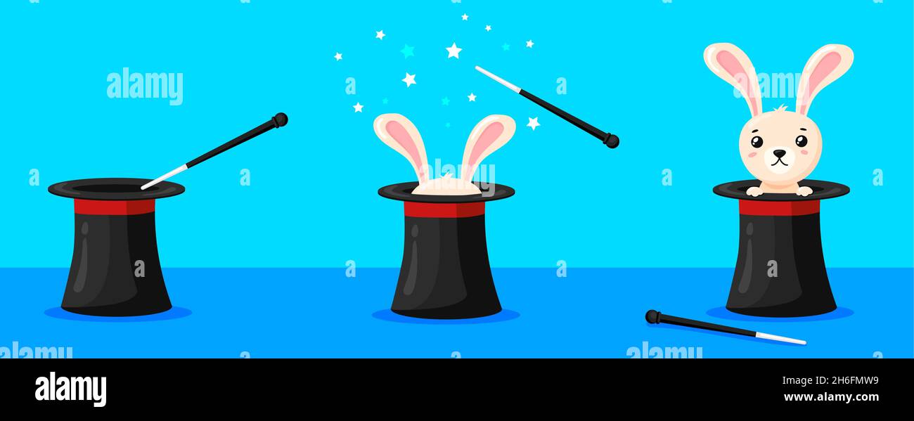 Rabbit magician hat. Magic hats with bunny ears, wizard conjure cylinder,  circus show illusionist, abracadabra wand, cartoon cap, neat vector  illustration. Magic rabbit in hat, magician show Stock Vector Image & Art -