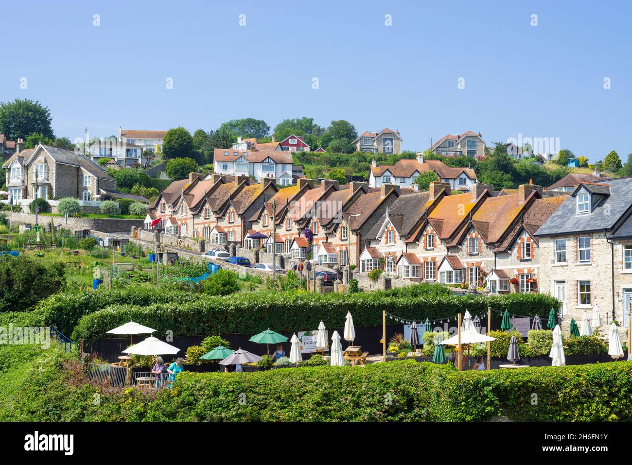 Traditionally built Terraced houses with gardens in front on Common Lane Beer Village centre Beer Devon England UK GB Europe Stock Photo