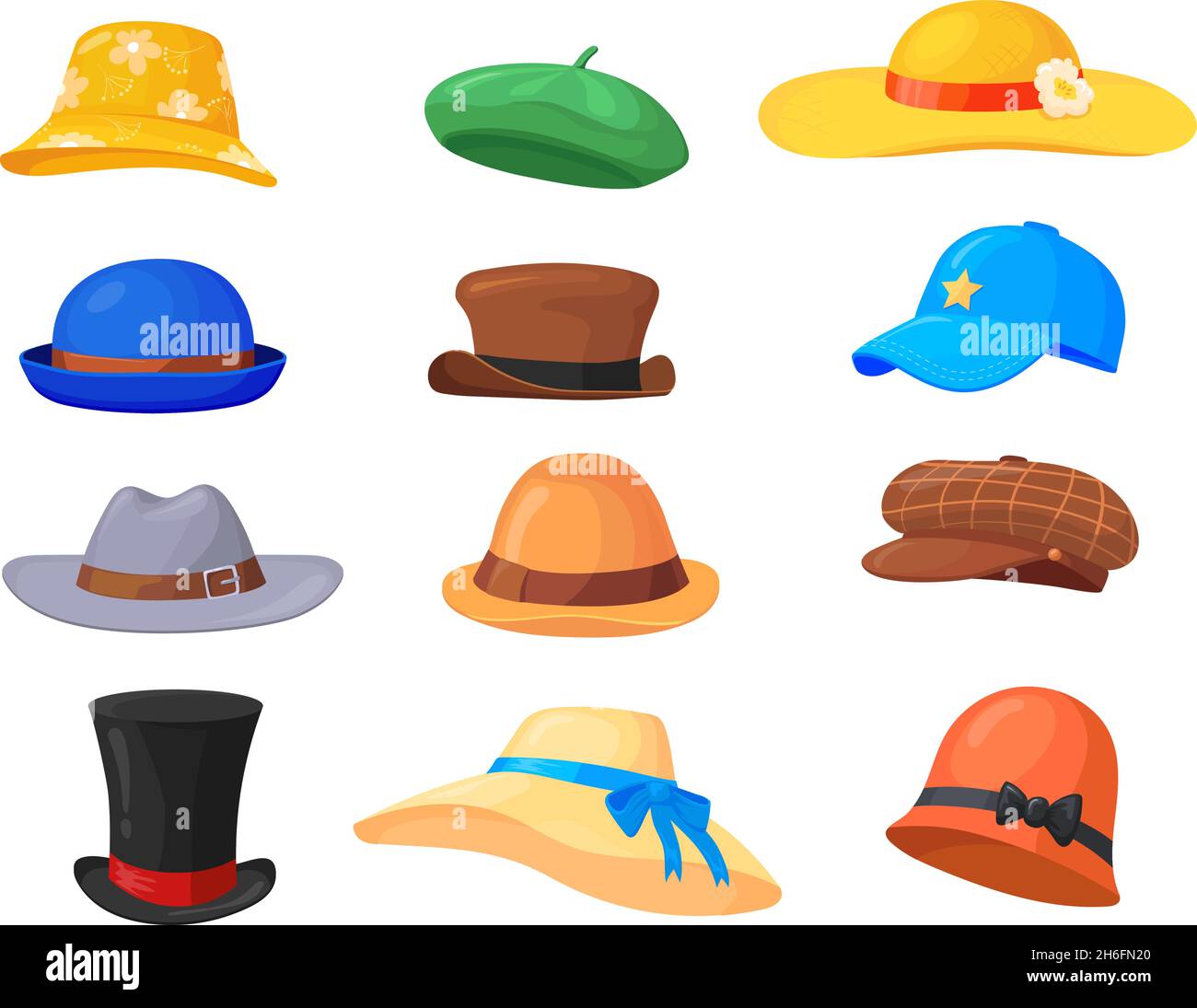 Cartoon headgears. Hats fashion clothes, man and woman headwear, summer female straw hat, vintage colorful isolated retro cap wear lady head, vector illustration. Fashion head hat, clothing accessory Stock Vector