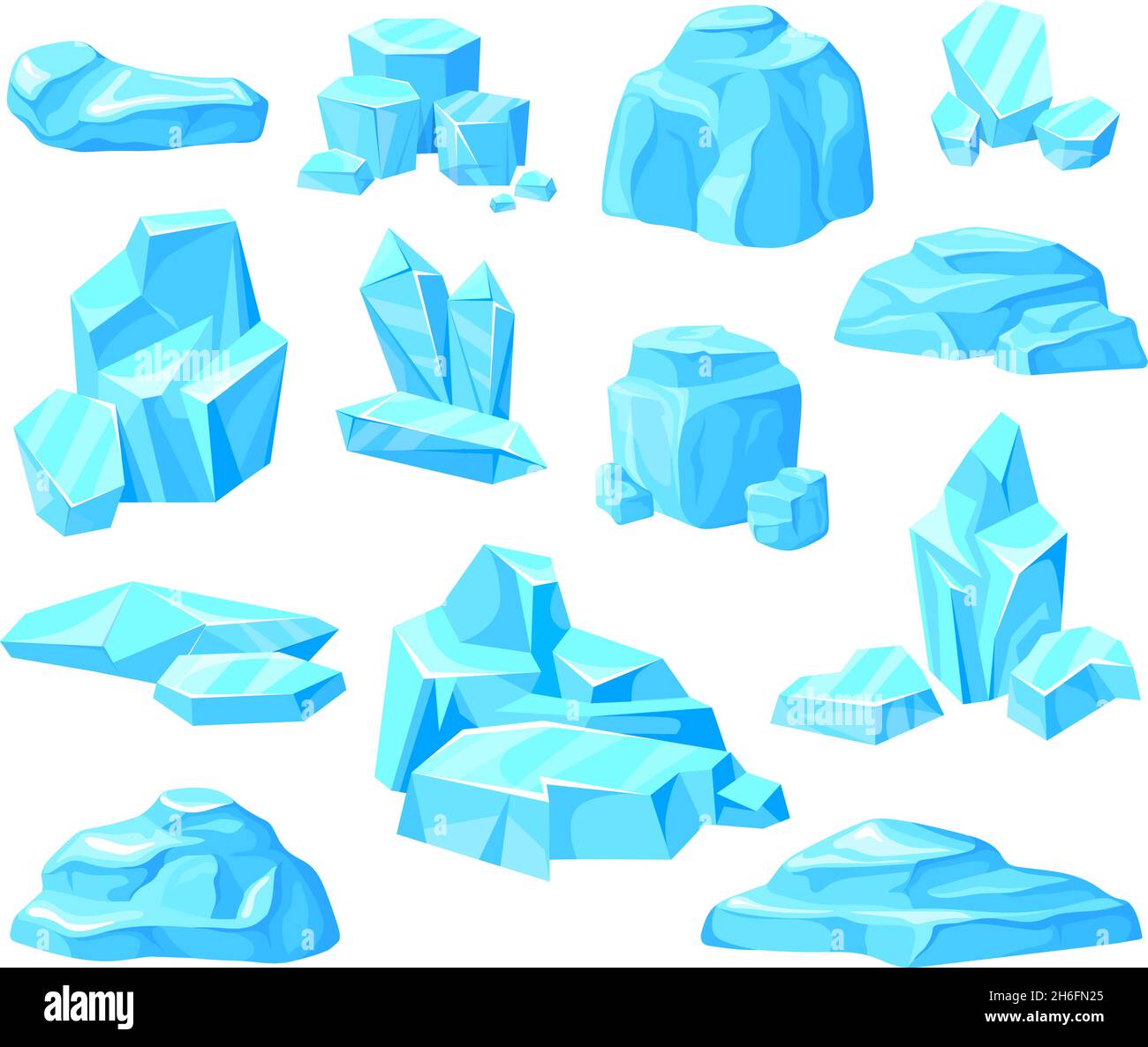 Cartoon ice pieces. Icicle glacier iceberg, frozen berg blocks, blue cold clean crystal, piece snow floe, freeze glass square shape, flat neat isolated vector illustration. Ice frost and frozen water Stock Vector