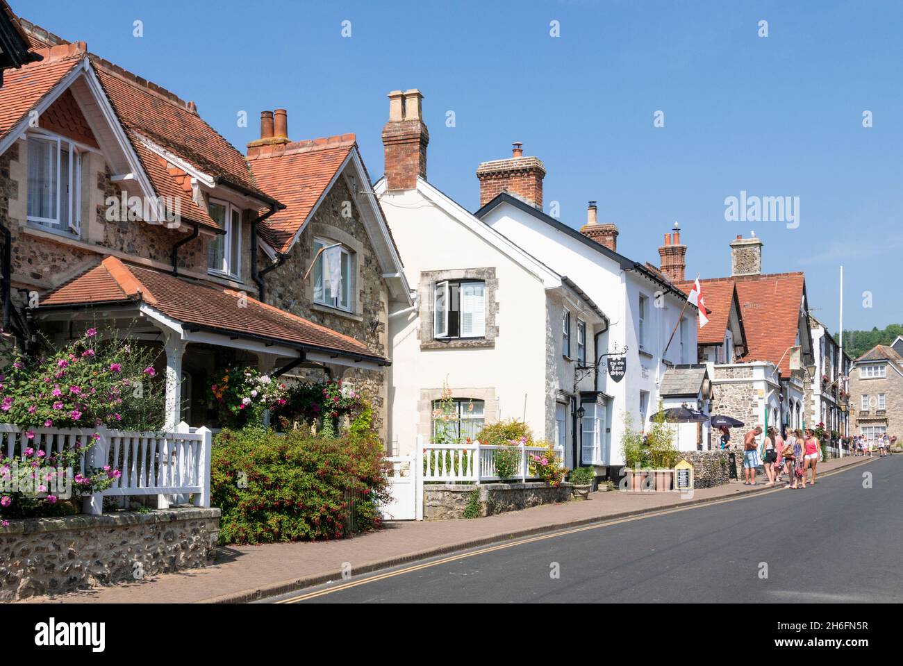 Traditionally built houses with small gardens in front and the Barrel O Beer pub on Fore Street Beer Village centre Beer Devon England UK GB Europe Stock Photo