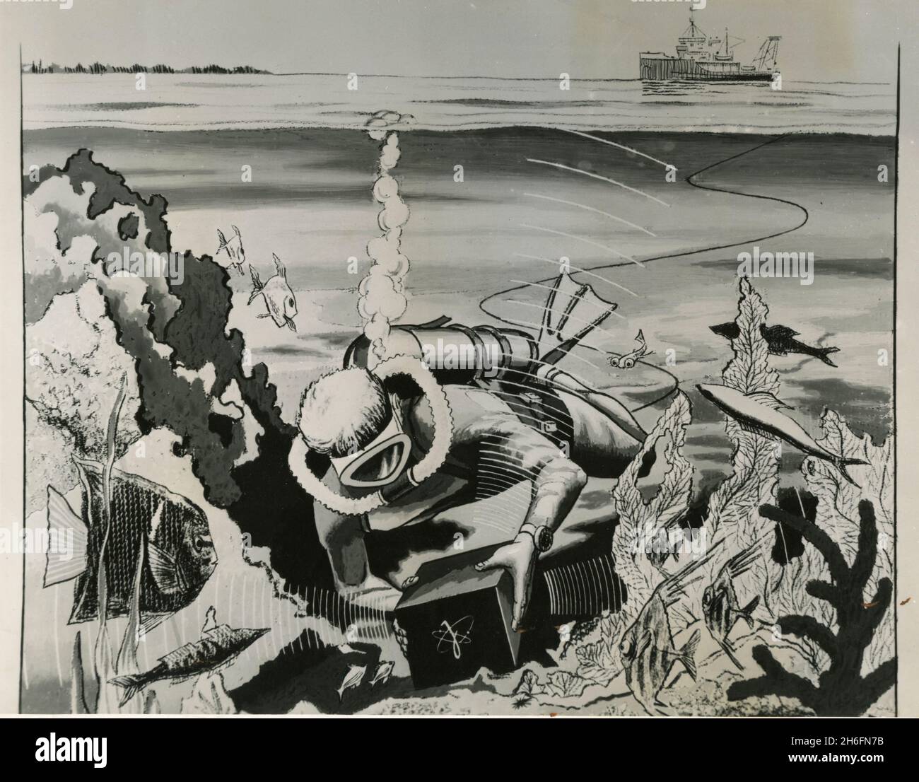Drawing showing a diver placing an atomic navigational beacon on the sea bottom, USA 1963 Stock Photo