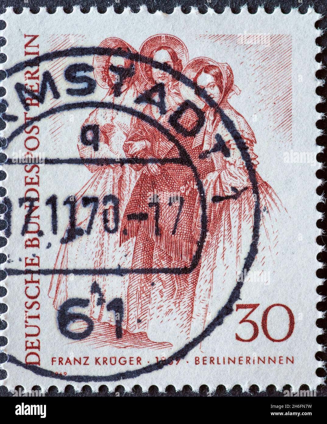 GERMANY, Berlin - CIRCA 1969: a postage stamp from Germany, Berlin showing 19th century Berliners. Franz Krüger Berliners Stock Photo