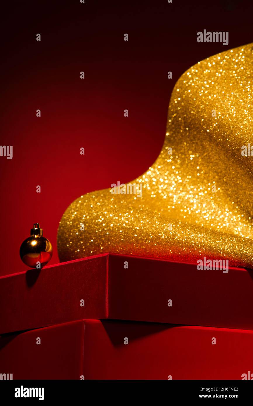 Majestic red podium with gift boxes and gold Christmas decor Red ...